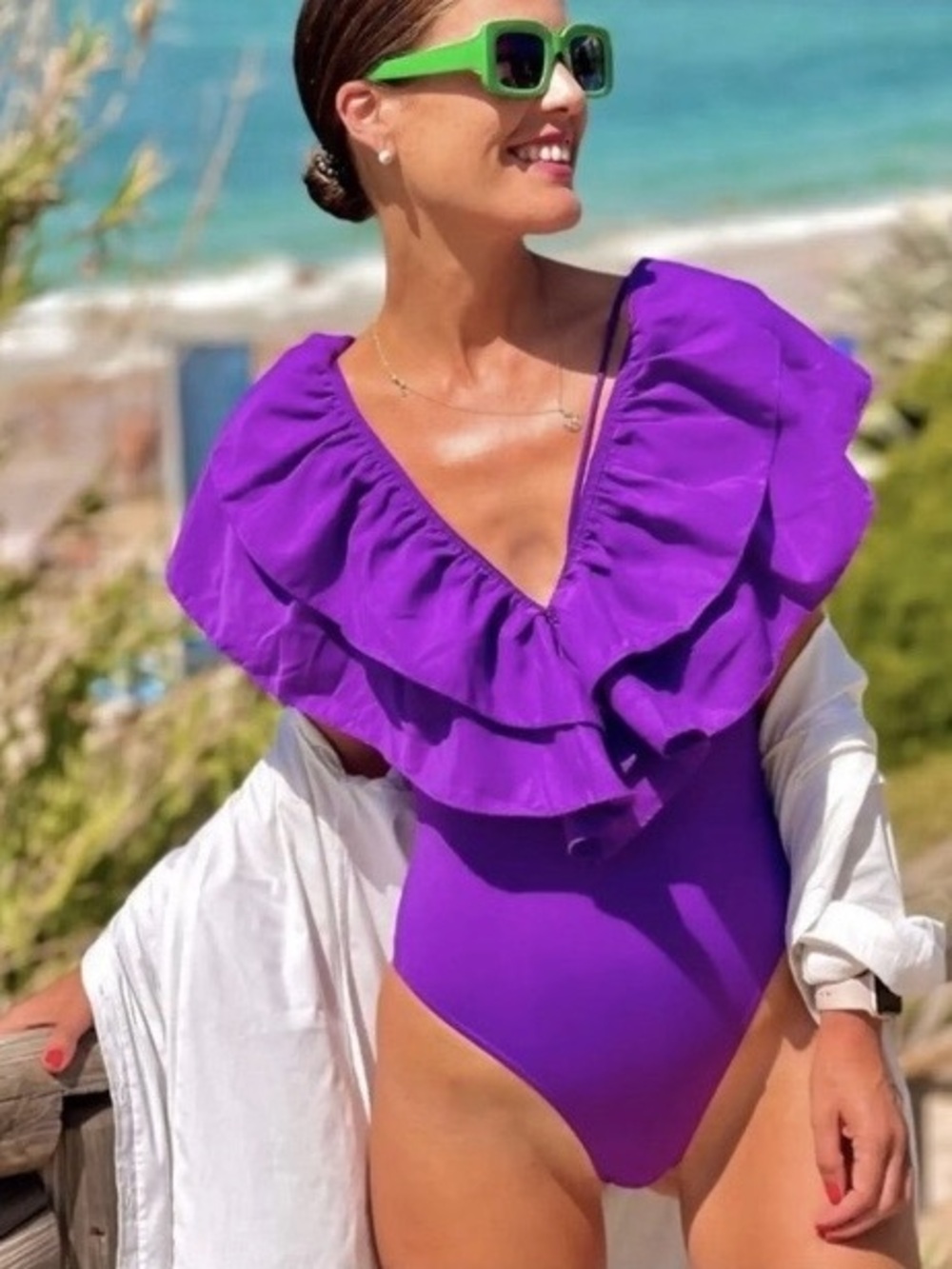 Zara Purple Ruffle One Piece Swimsuit Bodysuit Size Small NWT in